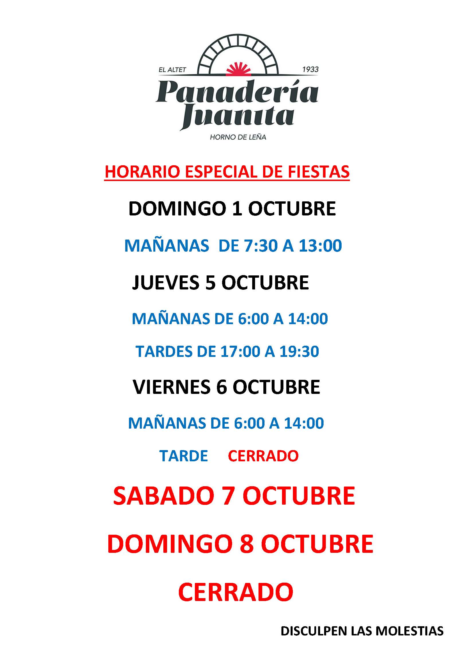 El Altet en fiestas - Horario Panaderia Juanita